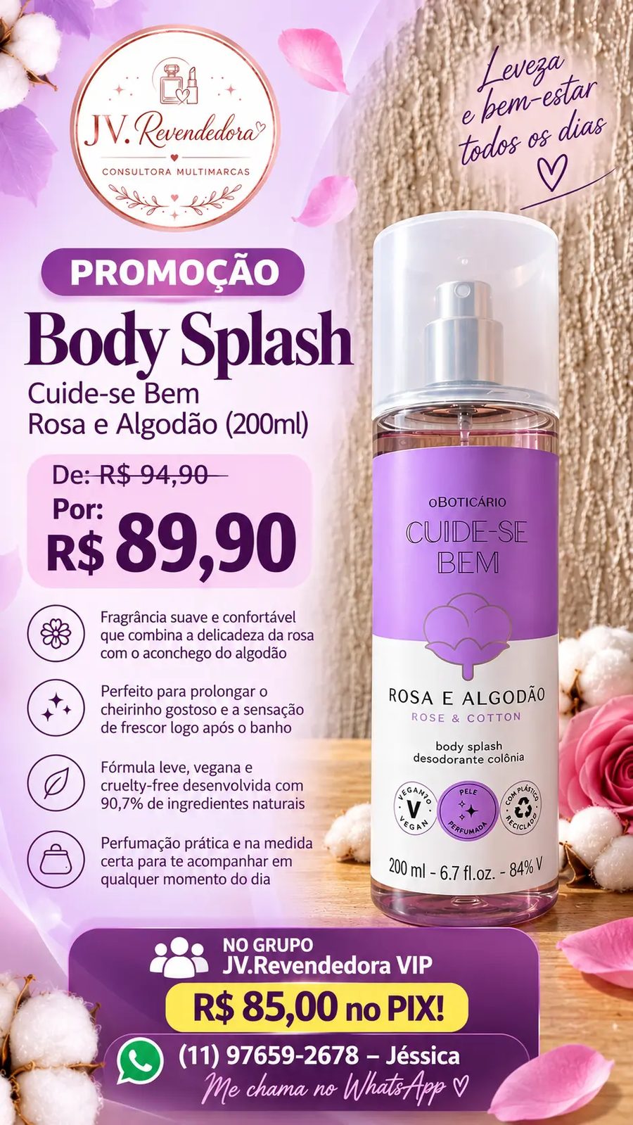 Body Splash Cuide-se Bem Rosa e Algodão (200 ml)