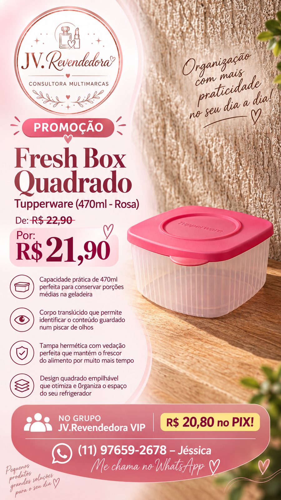 Fresh Box Quadrado 470ml (Rosa)